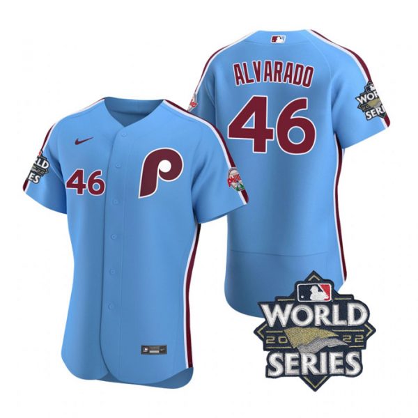 Phillies 46 Jose Alvarado Blue Nike 2022 World Series Flexbase Jersey,We sell and wholesale Phillies 46 Jose Alvarado Blue Nike 2022 World Series Flexbase Jersey on line form chian!